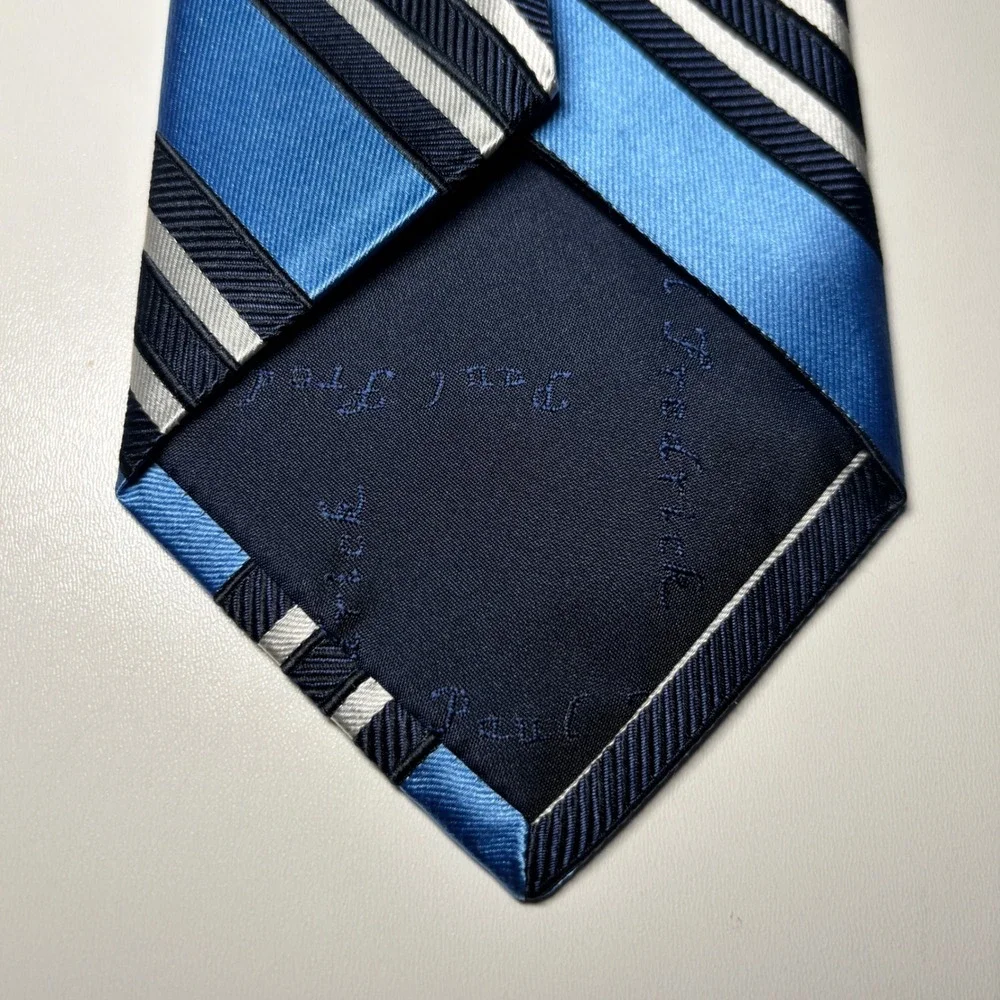 Paul Fredrick Stipped Repp Tie Blue Silver 100% Silk Hand Made Formal Necktie